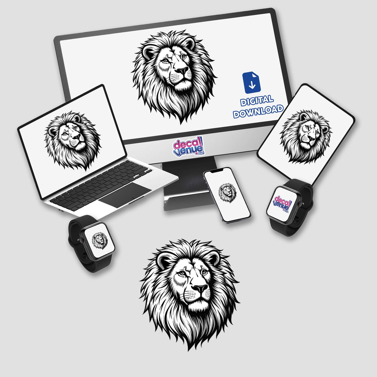 Majestic Black and White Lion Clipart displayed on a computer monitor and laptop, showcasing a detailed lion face. Available as stickers or for commercial use download.