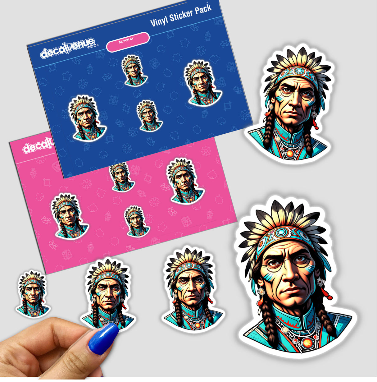 Stickers featuring a Native American Warrior Chief in a headdress, available as vinyl stickers or digital artwork, showcasing detailed graphic design and illustration.