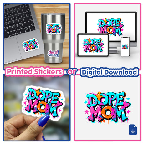Collage featuring Dope Mom stickers and digital downloads, showcasing unique vinyl designs. Includes a laptop with a sticker, emphasizing the artistic and versatile use of decals.