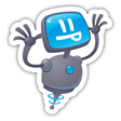 Razzbot cartoon sticker featuring a robot with a screen face, available in a sticker pack or as single stickers, designed for Decal Venue's unique collection of digital art.