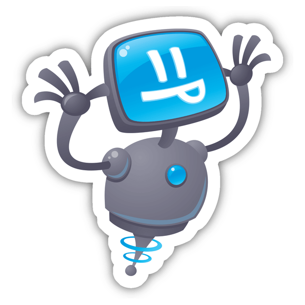 Razzbot cartoon sticker featuring a robot with a screen face, available in a sticker pack or as single stickers, designed for Decal Venue's unique collection of digital art.