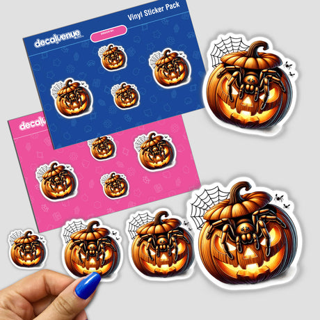 Spooky Halloween pumpkin stickers with a spider peeking out, displayed on a blue and pink vinyl sticker pack from Decal Venue, an online store offering unique stickers and digital art.
