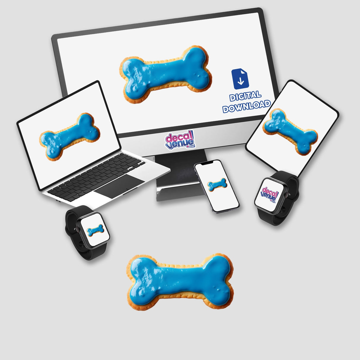 Dog Bone Shaped Cookie with Blue Icing displayed on various screens, including a computer, laptop, tablet, and smartwatch, available as stickers or digital artwork from Decal Venue.