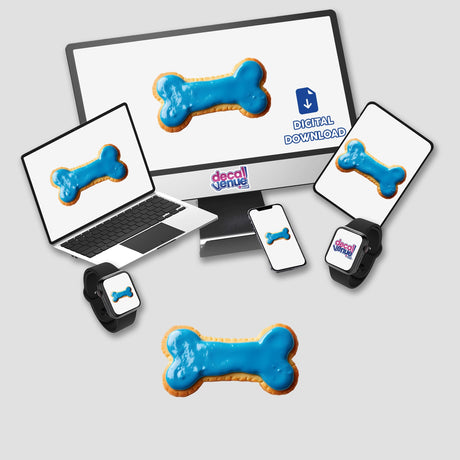 Dog Bone Shaped Cookie with Blue Icing displayed on various screens, including a computer, laptop, tablet, and smartwatch, available as stickers or digital artwork from Decal Venue.