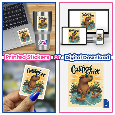 Certified Chill Sticker or Clipart featuring a capybara relaxing in a hot tub with ducks. Available as vinyl stickers or digital artwork from Decal Venue. Perfect for adding a whimsical touch.