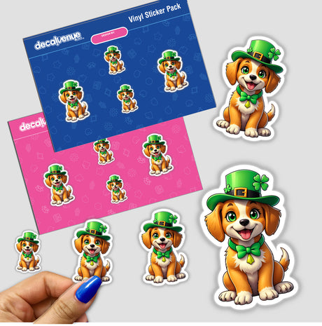 St. Patrick's Day Puppy stickers featuring cartoon dogs in green hats, perfect as unique vinyl decals or digital art from Decal Venue. A hand displays these playful, festive designs.