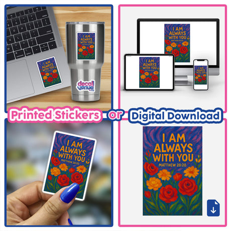 I Am Always With You Christian Sticker or Clipart featuring Matthew 28:20 in floral art design, available as stickers or digital artwork for commercial use.