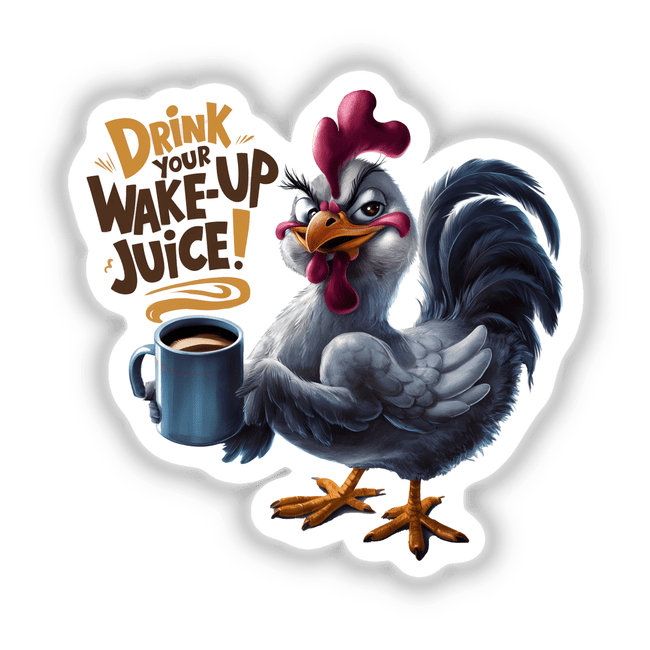 Humorous rooster digital artwork with coffee mug and "Drink Your Wake-up Juice!" text