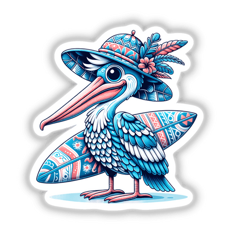 Pelican in Summer Beach Hat with Surfboard