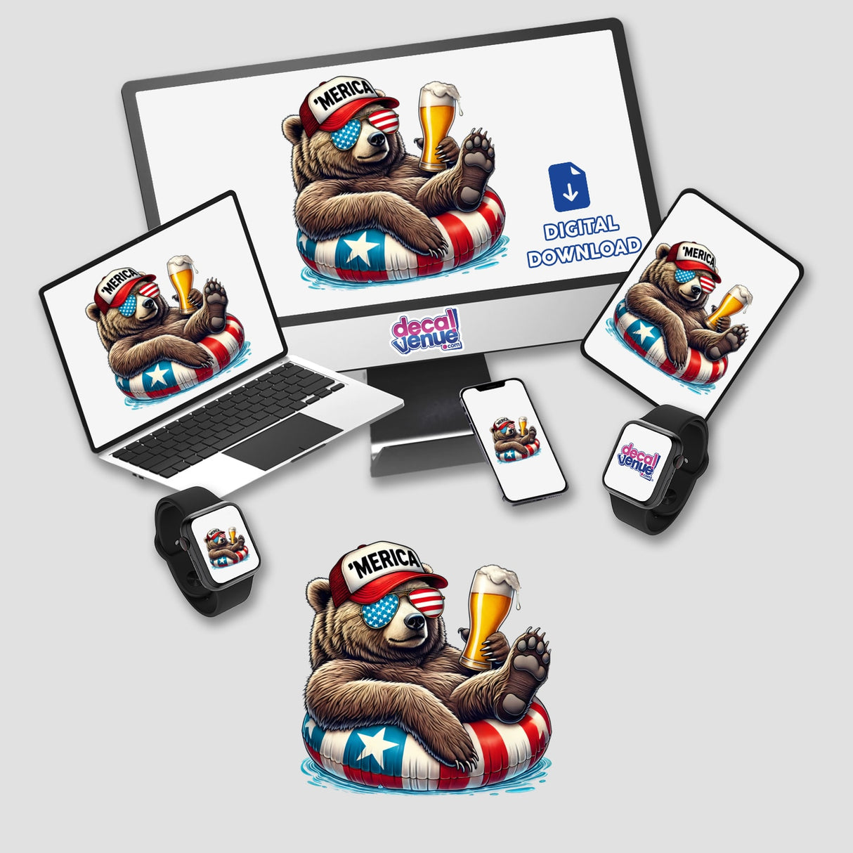 Grizzly Bear American Flag Float Merica digital artwork featuring a bear wearing a hat and sunglasses, visible on a computer monitor and laptop screen. Available as stickers or digital artwork.
