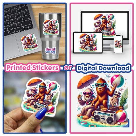 Colorful digital artwork featuring Sasquatch characters engaging in a lively beach party, available as stickers or digital downloads from Decal Venue. The artwork showcases the Sasquatch creatures surrounded by vibrant tropical elements, music, and party accessories.