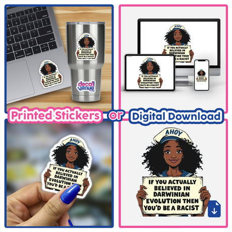 Evolution Debate Sticker or Clipart with Commercial Rights - Satirical Sailor Design, showcasing a whimsical sailor figure, available as either vinyl stickers or digital artwork.