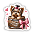 Yorkie Dog in Valentine's Day Barrel artwork featuring a Yorkshire Terrier with a bow, peeking from a heart-adorned barrel, available as a sticker or digital art.