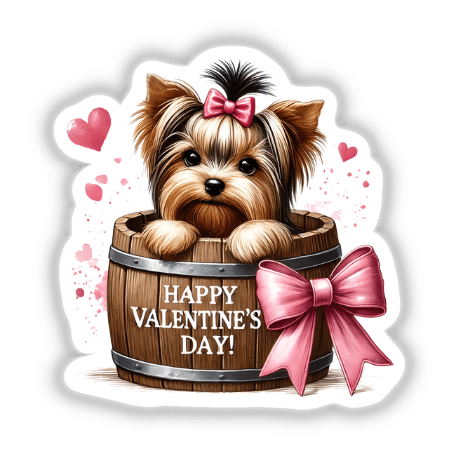 Yorkie Dog in Valentine's Day Barrel artwork featuring a Yorkshire Terrier with a bow, peeking from a heart-adorned barrel, available as a sticker or digital art.