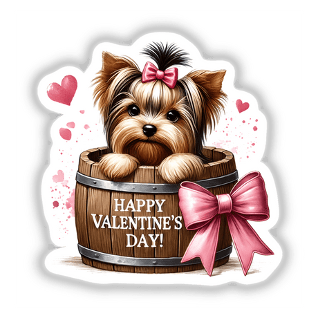 Yorkie Dog in Valentine's Day Barrel artwork featuring a Yorkshire Terrier with a bow, peeking from a heart-adorned barrel, available as a sticker or digital art.