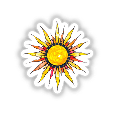 Sun Stained Glass Style artwork featuring a vibrant sun with numerous rays, available as stickers or digital artwork, embodying the unique and creative essence of Decal Venue.