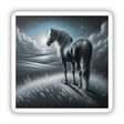 Horse on a Grassy Hill Under Moonlight sticker or digital artwork, featuring a majestic horse with a long mane standing in a serene field, embodying Decal Venue's unique artistic flair.