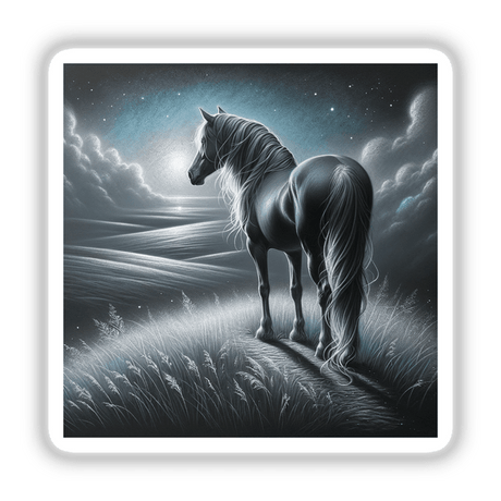 Horse on a Grassy Hill Under Moonlight sticker or digital artwork, featuring a majestic horse with a long mane standing in a serene field, embodying Decal Venue's unique artistic flair.