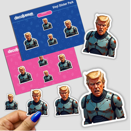 Futuristic President Donald Trump depicted in metal armor, available as stickers or digital artwork, showcasing a cartoon-style representation with emphasis on a robotic, presidential theme.