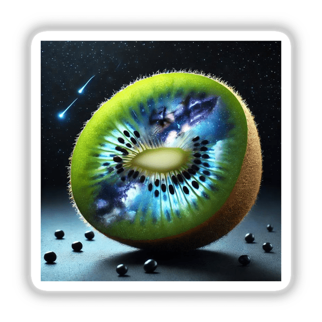 Celestial Kiwi Night Sky Within a Kiwi: A half kiwi fruit revealing a night sky-themed interior, available as unique stickers or digital artwork from Decal Venue.