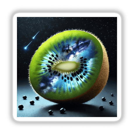Celestial Kiwi Night Sky Within a Kiwi: A half kiwi fruit revealing a night sky-themed interior, available as unique stickers or digital artwork from Decal Venue.