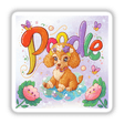 Colorful digital artwork featuring a playful poodle dog surrounded by flowers, butterflies, and the text "Poodle" in a whimsical font. The vibrant illustration is set against a pastel background, creating a cheerful and playful visual.