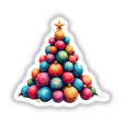 Ornament Christmas Tree, featuring a pyramid of vibrant holiday ornaments, available as stickers or digital artwork. Perfect for adding festive cheer to your decor.
