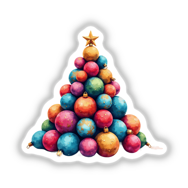 Ornament Christmas Tree, featuring a pyramid of vibrant holiday ornaments, available as stickers or digital artwork. Perfect for adding festive cheer to your decor.