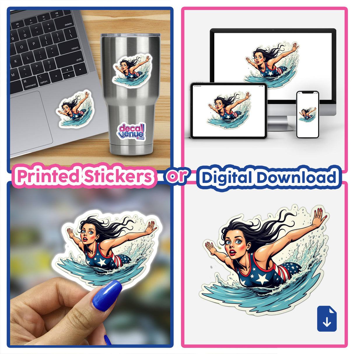 Collage titled Eu Pegando Uma Onda featuring various images of a woman swimming in water, available as stickers or digital artwork from Decal Venue.