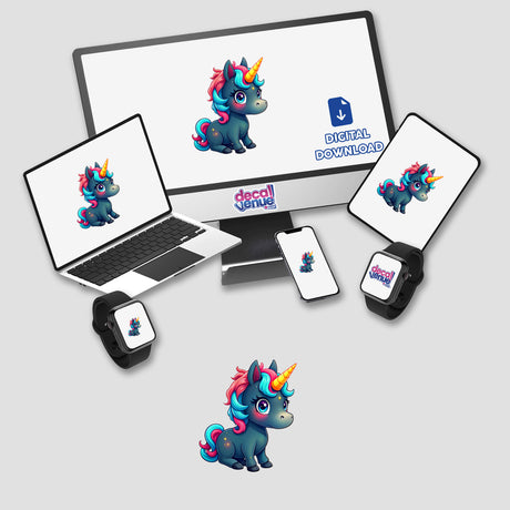 Cute And Magical Pony Unicorn depicted on a computer monitor, laptop, and smartwatch screens, showcasing vibrant unicorn designs available as stickers or digital artwork from Decal Venue.