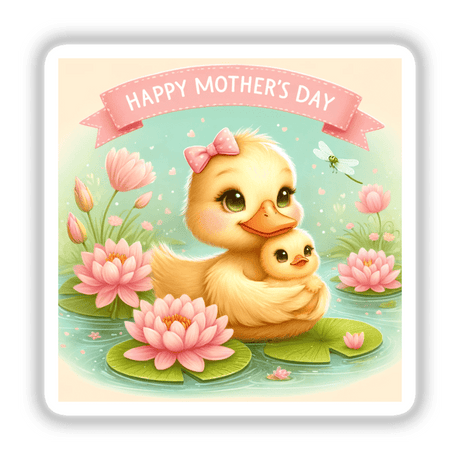 Mothers Day Ducklings with Water Lilies: A cartoon duck lovingly holds a baby amidst pink flowers, available as vinyl stickers or digital artwork from Decal Venue.