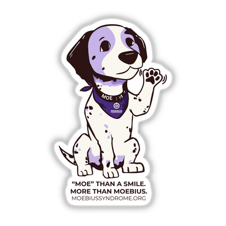 Cartoon of Moe, the Moebius Syndrome Foundation mascot dog with a bandana, available as stickers or digital artwork to spread awareness about Moebius syndrome.