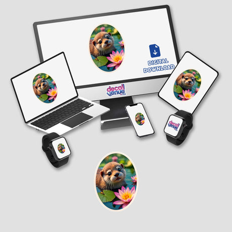 Cute Otter In The Water displayed on a computer monitor and laptop, available as unique stickers or digital artwork at Decal Venue.
