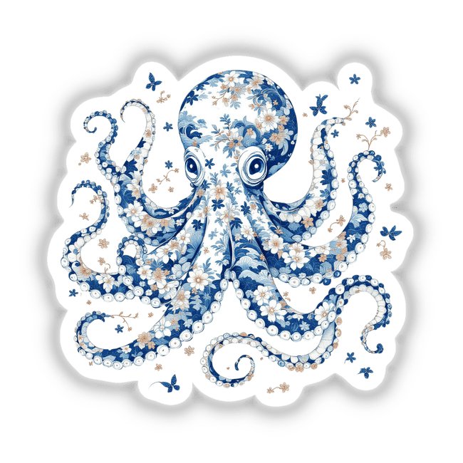 Chinoiserie Octopus: Intricate blue and white octopus design adorned with floral elements, available as unique stickers or digital artwork from Decal Venue.