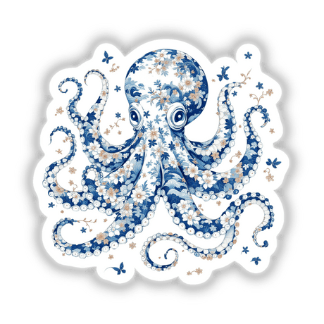 Chinoiserie Octopus: Intricate blue and white octopus design adorned with floral elements, available as unique stickers or digital artwork from Decal Venue.