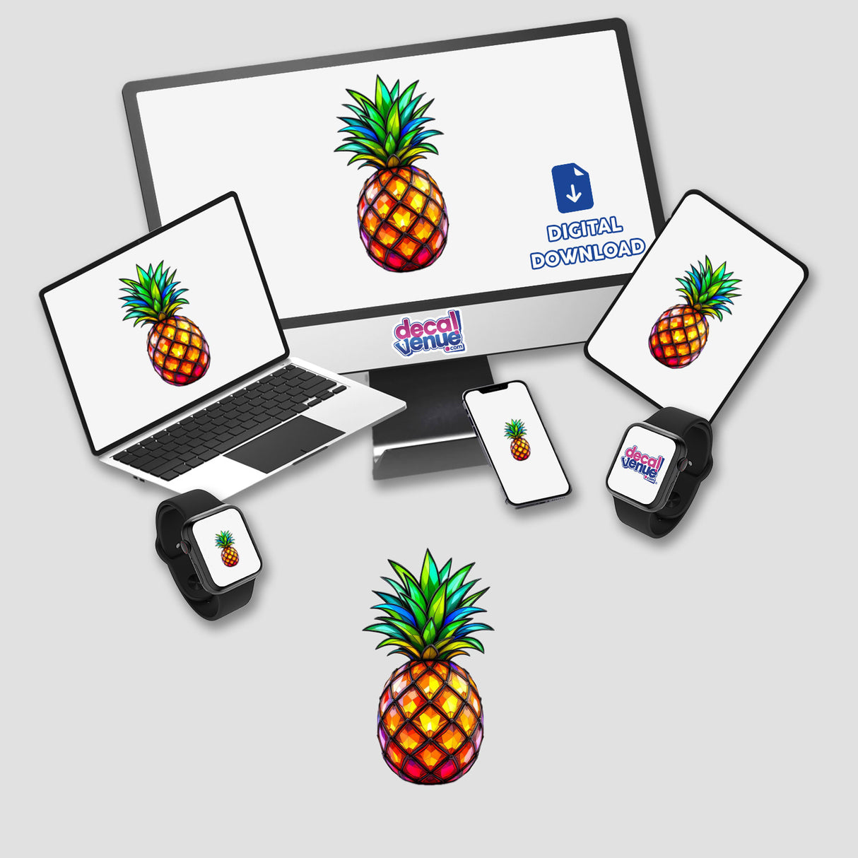 Pineapple Stained Glass Style stickers and digital artwork featuring a pineapple logo displayed on various devices, including a laptop, monitor, and smartwatch.