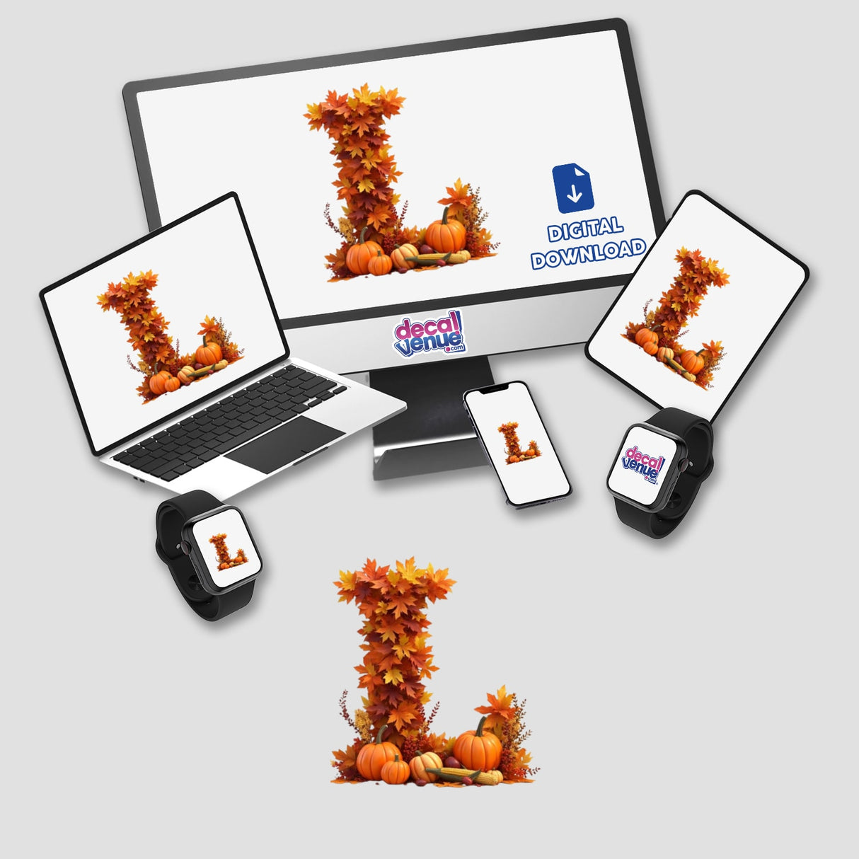 Thanksgiving Letter L Clipart featuring fall leaves and pumpkins displayed on a computer monitor and laptop screen, available as stickers or digital artwork for commercial use.