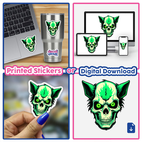 Hybrid Human Dog Skull stickers and digital artwork collage, featuring a laptop adorned with the unique design, showcasing the distinct style of Decal Venue's creative offerings.