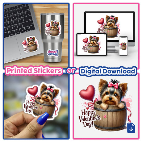 Valentines Yorkie Dog in Barrel sticker featuring a charming Yorkie with a bow, nestled in a wooden barrel. Available as a unique sticker or digital artwork from Decal Venue.