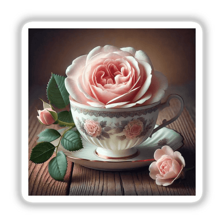 Delicate Tea Rose Blooming in a Vintage Teacup, depicted as a pink rose elegantly nestled in a classic porcelain teacup. Available as stickers or digital artwork from Decal Venue.