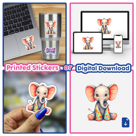 Cute Elephant With Flowers sticker collage featuring a cartoon elephant, showcased on a laptop and cup, emphasizing its versatility as a charming decorative piece for various surfaces.