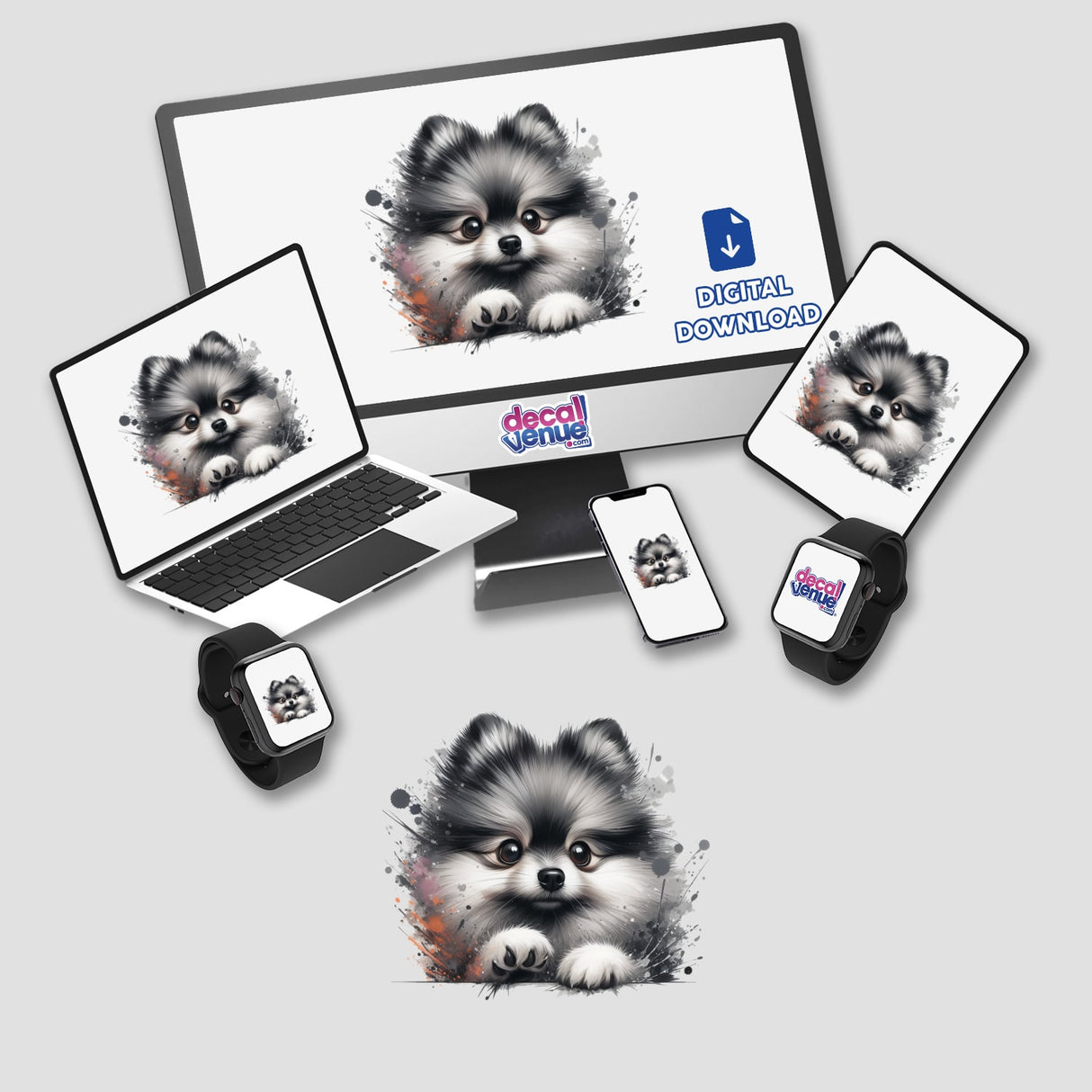 Peeking Sable Wolf Pomeranian on a laptop screen, showcasing its adorable face. Available as stickers or digital artwork from Decal Venue, specializing in unique vinyl stickers and digital art.