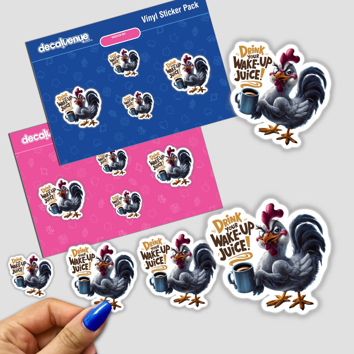 Humorous rooster digital artwork stickers featuring the text "Drink Your Wake-up Juice" against a vibrant pink and blue background, packaged in a Decal Venue vinyl sticker pack.