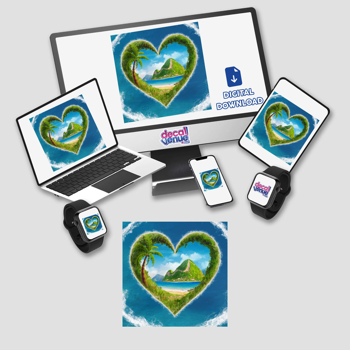Tropical Heart Island - Digital artwork featuring a heart-shaped tropical island with palm trees, surrounded by turquoise waters and a blue sky.