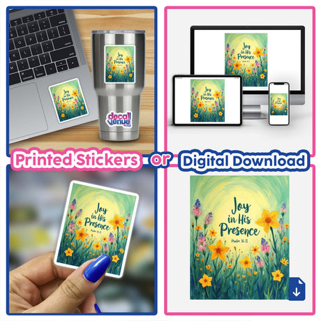 Collage featuring the Fauvist Spring Primrose “Joy in His Presence” Psalm 16:11 Sticker or Clipart with Commercial Rights, depicting floral designs on a laptop and phone, available at Decal Venue.