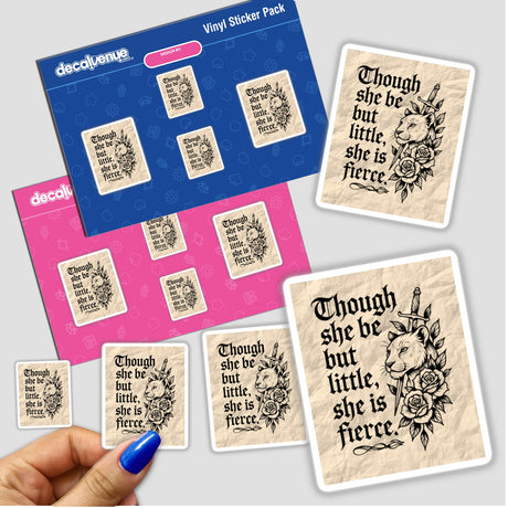 Hand holding the Though She Be But Little Shakespeare Quote Sticker or Clipart, featuring a lioness tattoo design with roses and a sword, available for commercial use.