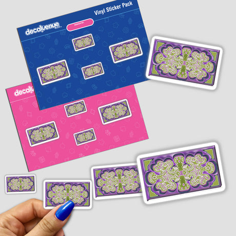 Various sticker designs featuring intricate purple and green patterns, showcased with a hand displaying blue nail polish, available as vinyl stickers or digital artwork from Decal Venue.