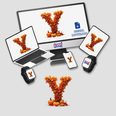 Thanksgiving Letter Y Clipart featuring fall leaves and pumpkins on a computer monitor and laptop screen, available as stickers or digital artwork for commercial use.