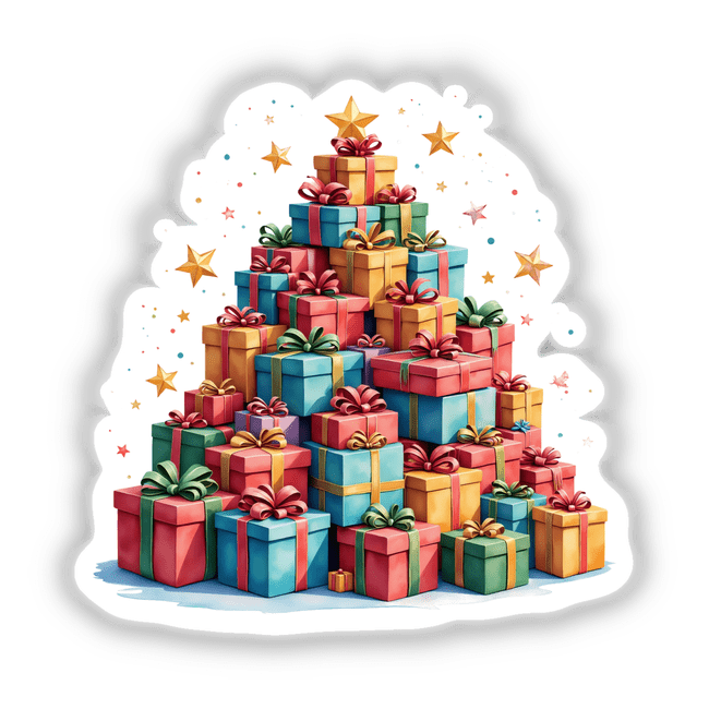 Christmas Presents Tree featuring a whimsical stack of gift boxes, available as stickers or digital artwork. Perfect for enhancing festive decor with unique designs from Decal Venue.