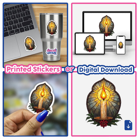 Collage featuring Stained Glass Paschal Candle Clipart and Christian Sticker, showcasing its application on laptops and cups, available as stickers or digital artwork with commercial rights.